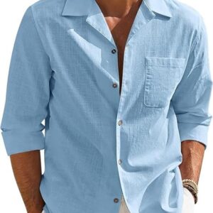 men’s casual cotton blend shirt || long sleeve button down with spread collar || lightweight breathable fabric || stylish solid color shirt for beach, office & everyday wear